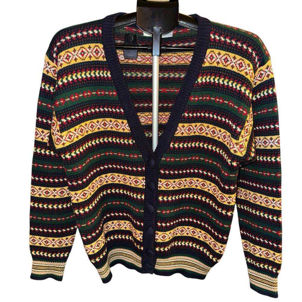 Vintage‎ Eagles Eye Fair Isle Multicolor Cotton Sweater Size M Cardigan Stripes